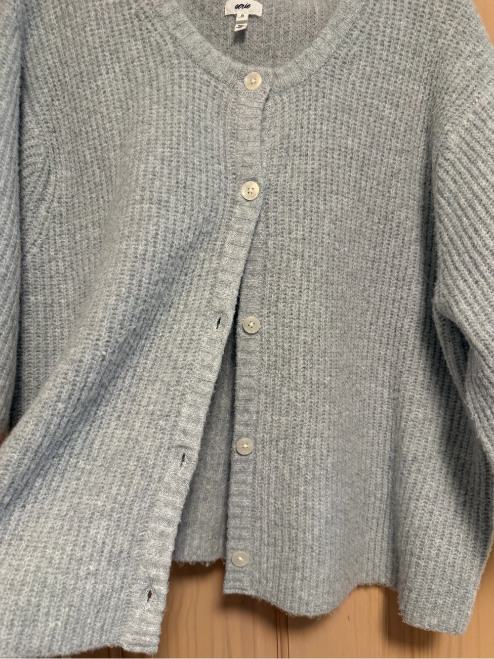 Aerie Cozy Gray Button-Front Women's Short sleeve Sweater - Picture 3 of 4